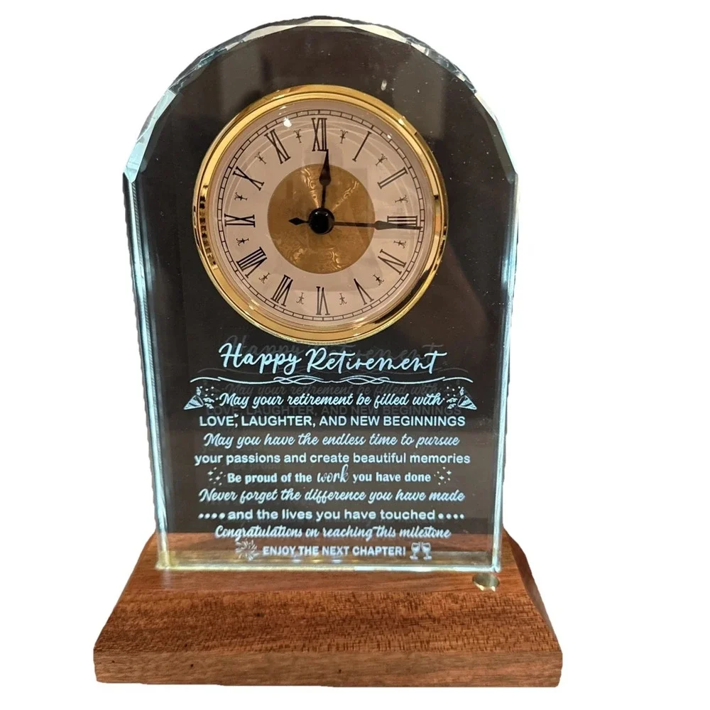 NIB Glass Retirement Clock with Wooden‎ Light Base - Happy Retirement Plaque